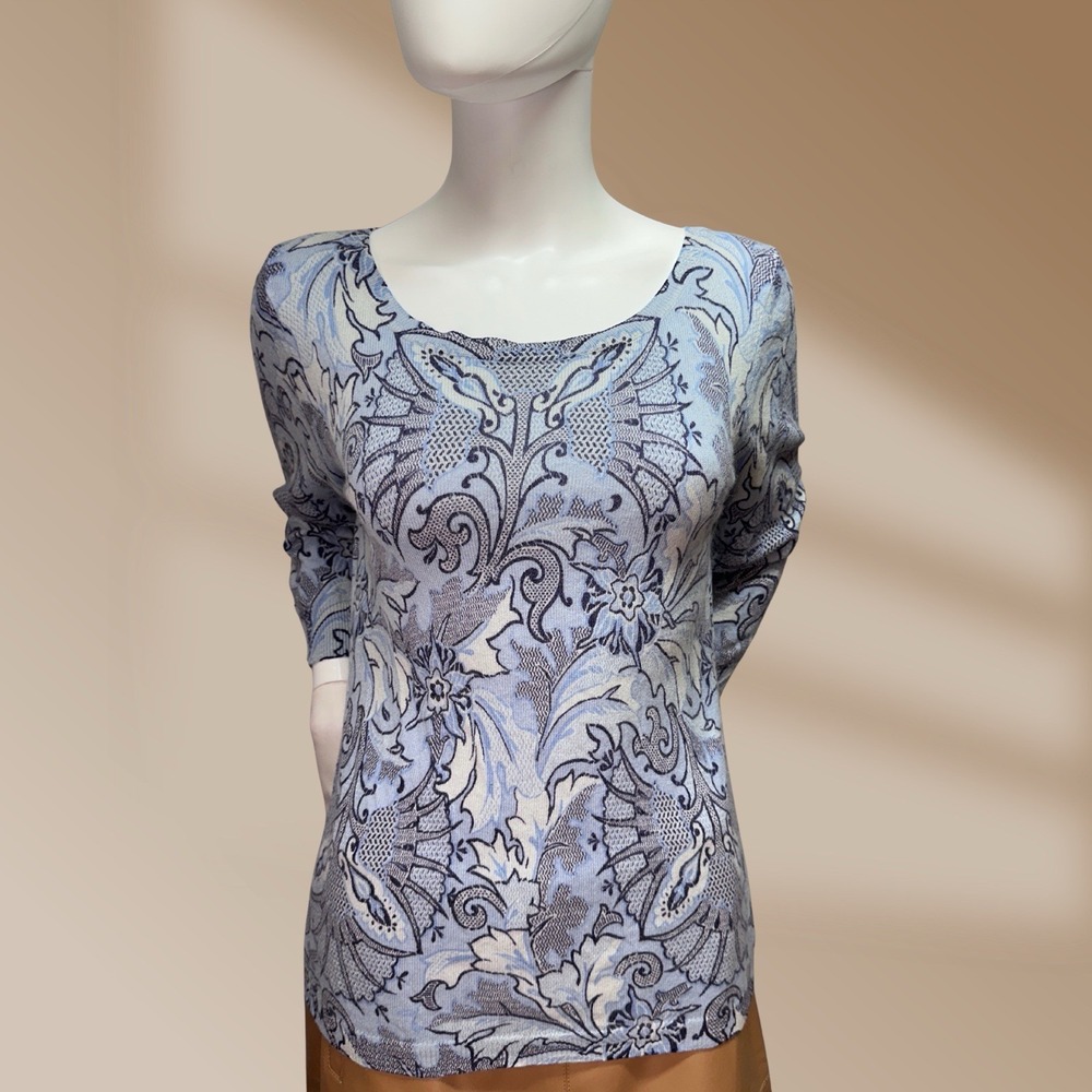 Talbots Women's Pure Cashmere Blue Top Sweater Size Large Floral Damask Print